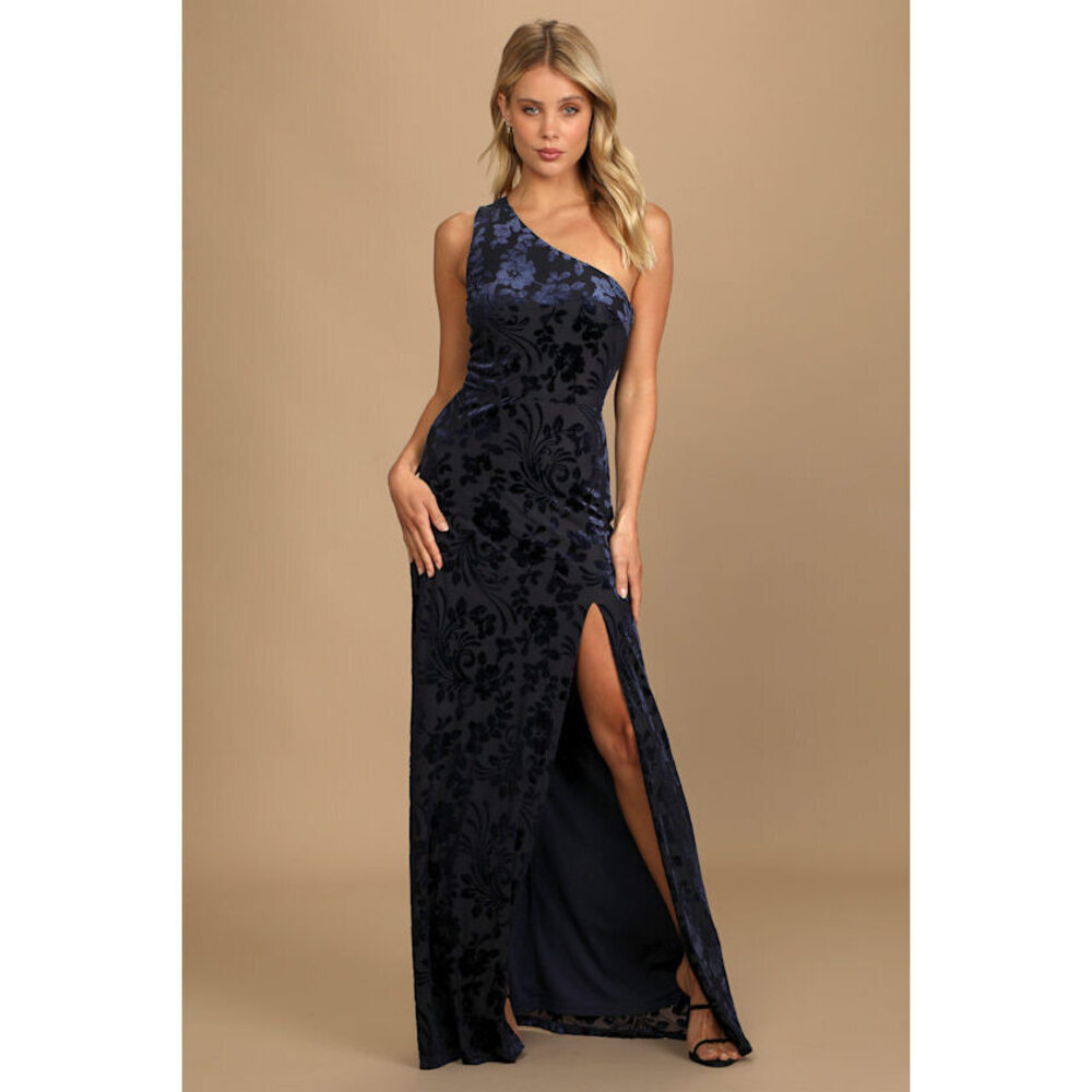 Lulus Marvelous Moi Navy Blue Burnout Velvet One-shoulder Maxi Dress - Size S